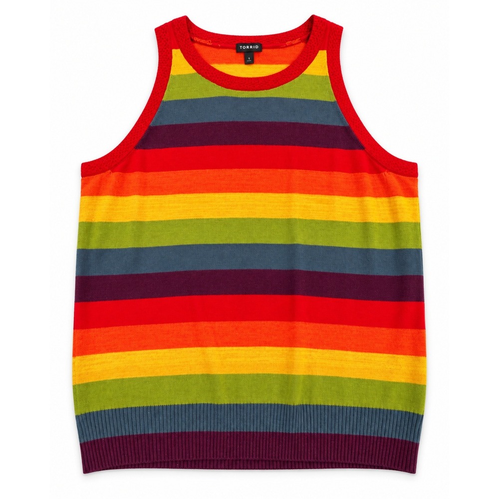 Torrid Rainbow Stripe Knit Tank Top Size 4 4X Crochet Trim Pride Colorful